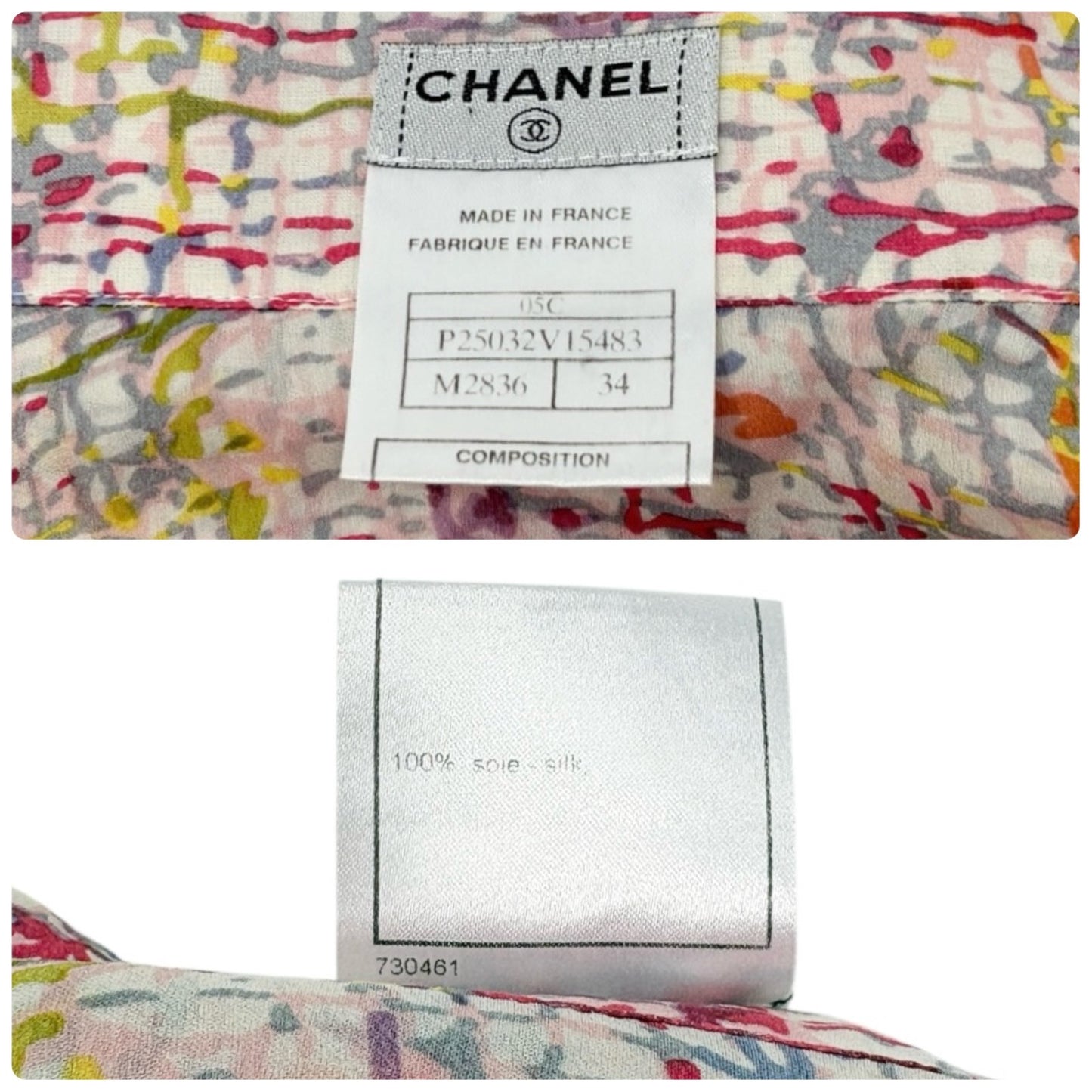 CHANEL Vintage 05C CC Tweed Print Shirt Blouse Top #34 Multicolor Silk 901994