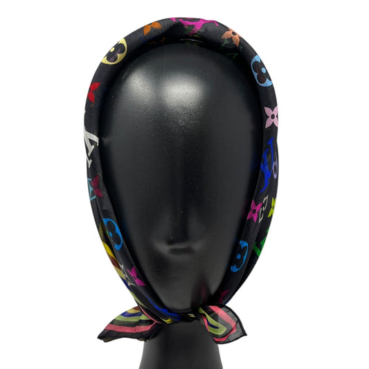 LOUIS VUITTON Vintage LV Logo Monogram Multicolor Scarf Wrap Black Silk 902226