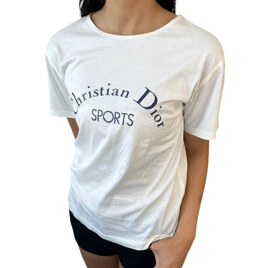 Christian Dior Sports Vintage Big Logo T-shirt Top #M White Dark Blue Cotton
