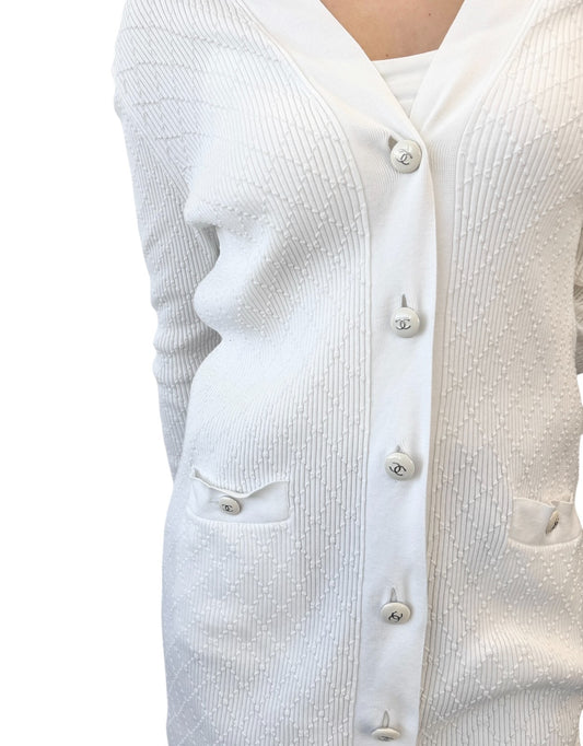 CHANEL Vintage P45654 CC Logo Button Knit Long Cardigan Top #38 White 106957