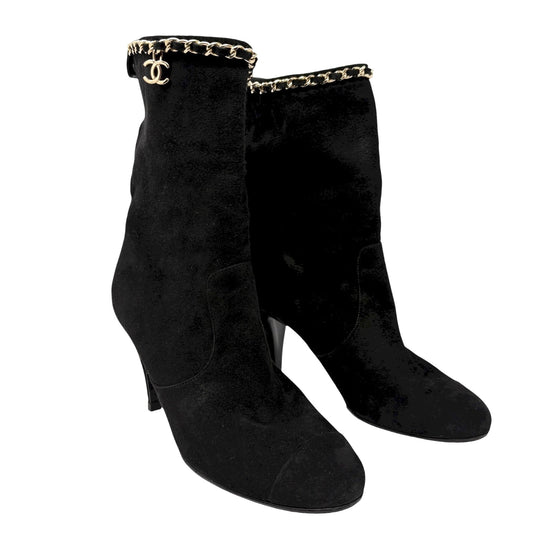 CHANEL Vintage CC Logo Charm Button Ankle Suede Boots Heels #39 Black Gold
