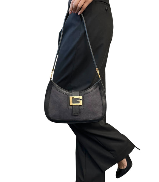 GUCCI Vintage G Buckle Logo Shoulder Bag Black Gold Leather Cotton Magnet
