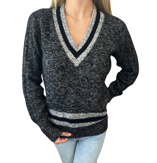 CHANEL Vintage 96A Big CC Logo Knit Cashmere Sweater Top #42 Gray Black 902394