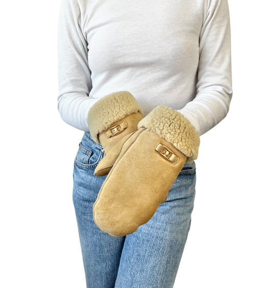 CELINE Vintage Macadam Logo Mouton Gloves Mittens Beige Gold Leather
