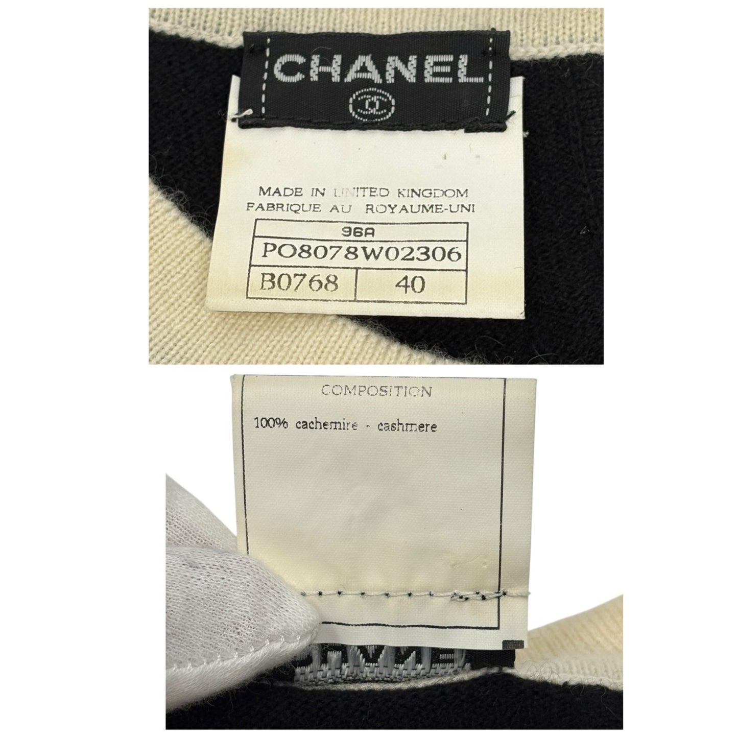 CHANEL Vintage 96A CC Logo Button Knit Top T-shirt #40 Black White Cashmere