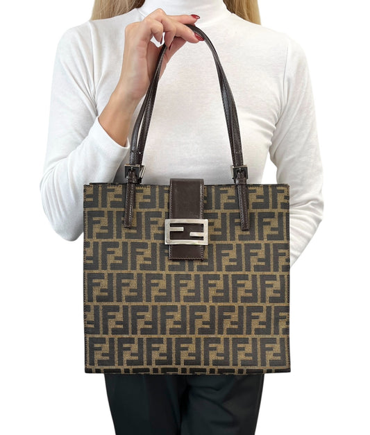 Fendi Vintage Zucca Canvas Tote Shoulder Bag Brown FF Logo Monogram Leather