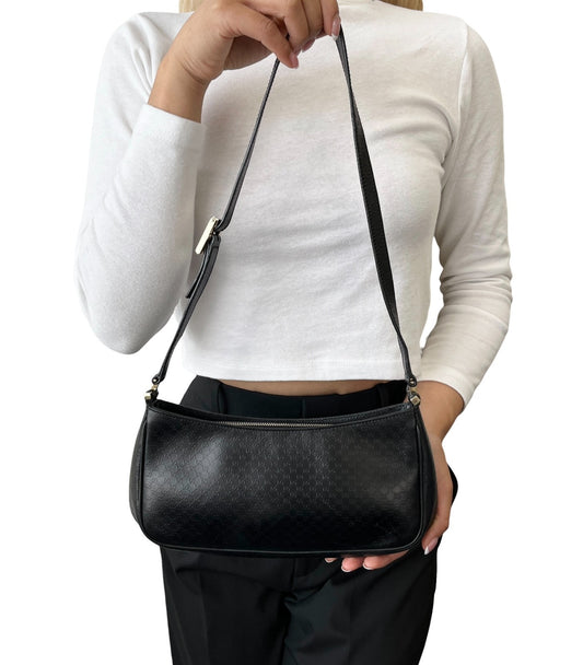 GUCCI Vintage Micro GG Monogram Shoulder Bag Black Silver Leather Zip 902219