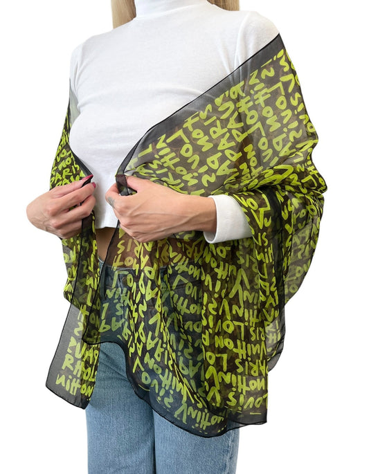 LOUIS VUITTON Vintage LV Monogram Logo Graffiti Scarf Green Brown Silk