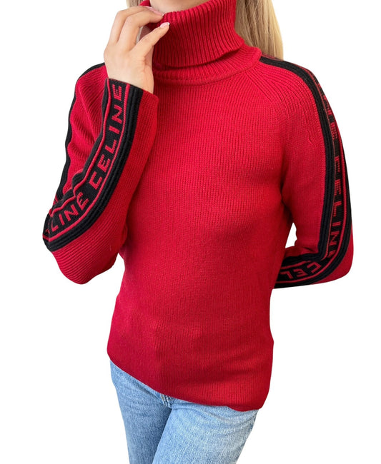 CELINE Vintage Logo Turtleneck Cashmere Knit Sweater Top #S Red 902216