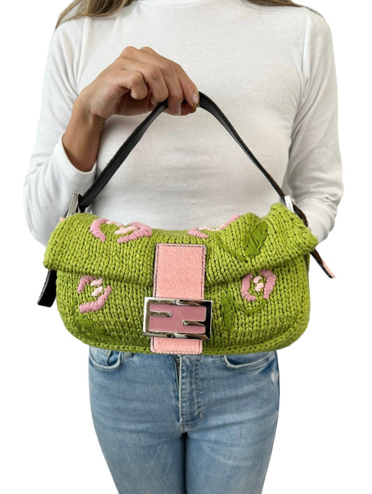 FENDI Vintage FF Mamma Baguette Crochet Shoulder Bag Flower Green Pink Wool