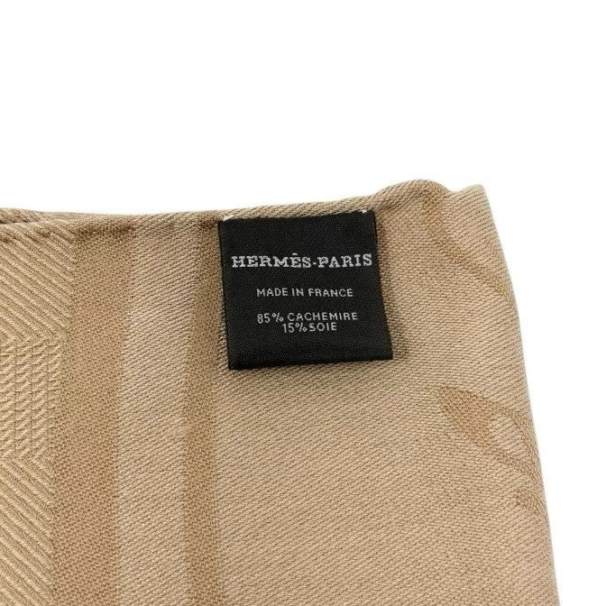 HERMES Vintage H Logo Cashmere New Libris Shawl Scarf Wrap Beige Silk 902845