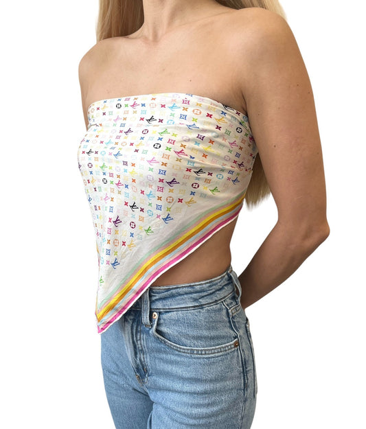 LOUIS VUITTON Vintage LV Logo Monogram Multicolor Scarf Wrap Top White Silk