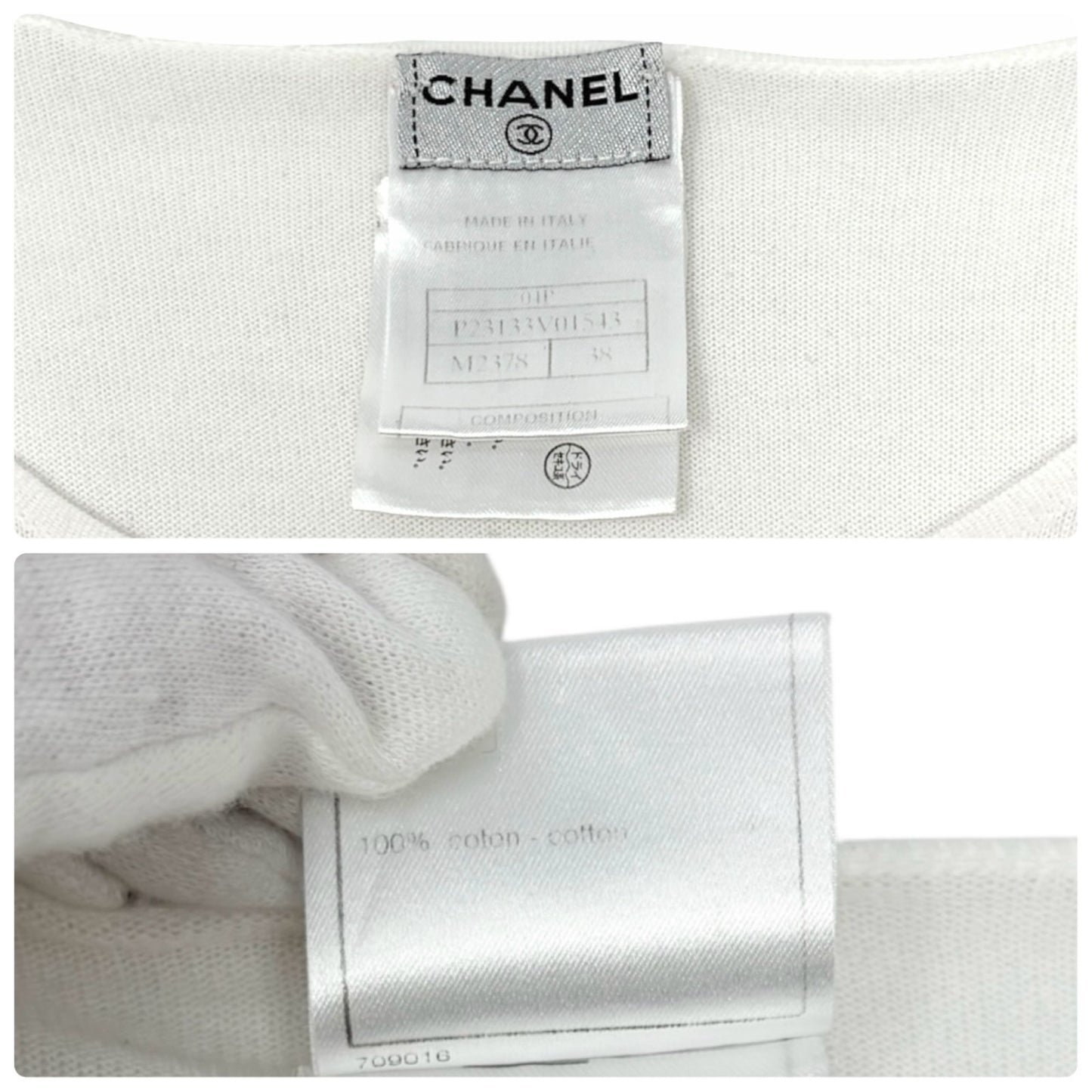 CHANEL Vintage 04P CC T-Shirt Top #38 Short Sleeve White Black Cotton 902579
