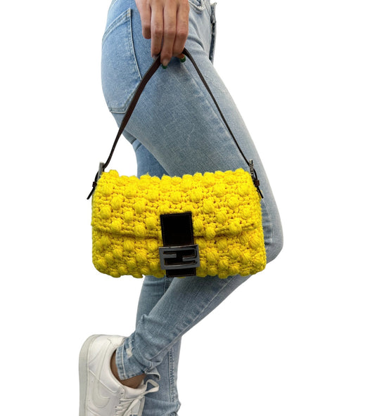 FENDI Vintage Logo Knit Mamma Baguette Shoulder Bag Yellow Brown Wool