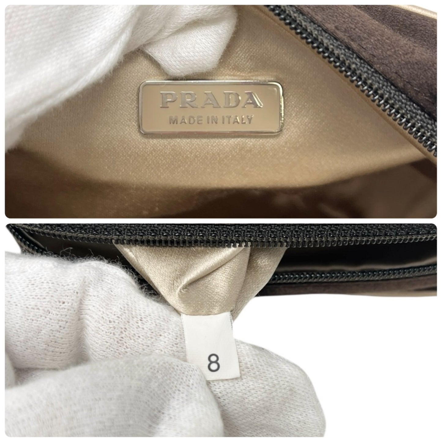 PRADA Vintage Triangle Logo Satin Wristlet Clutch Bag Brown Beige Pouch
