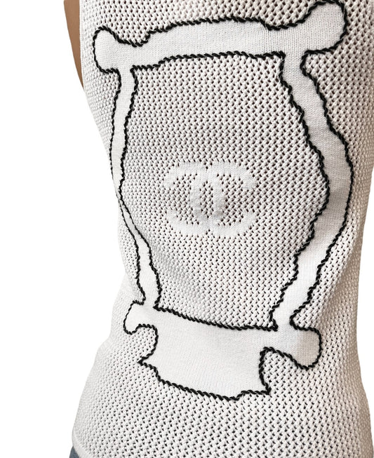 CHANEL Vintage 09C CC Logo Miami Tank Top #34 Knit Pink Black Rayon Crochet
