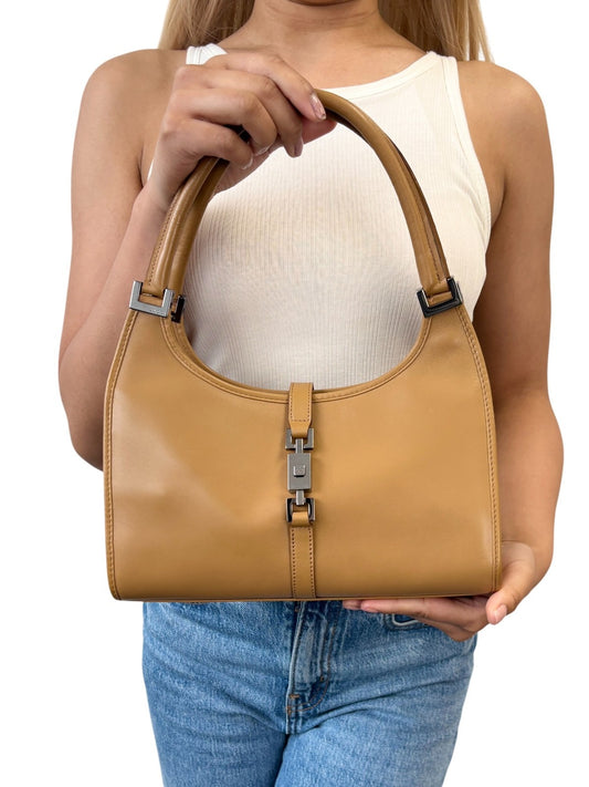 GUCCI Vintage Jackie Logo Hobo Shoulder Bag Handbag Brown Silver Leather