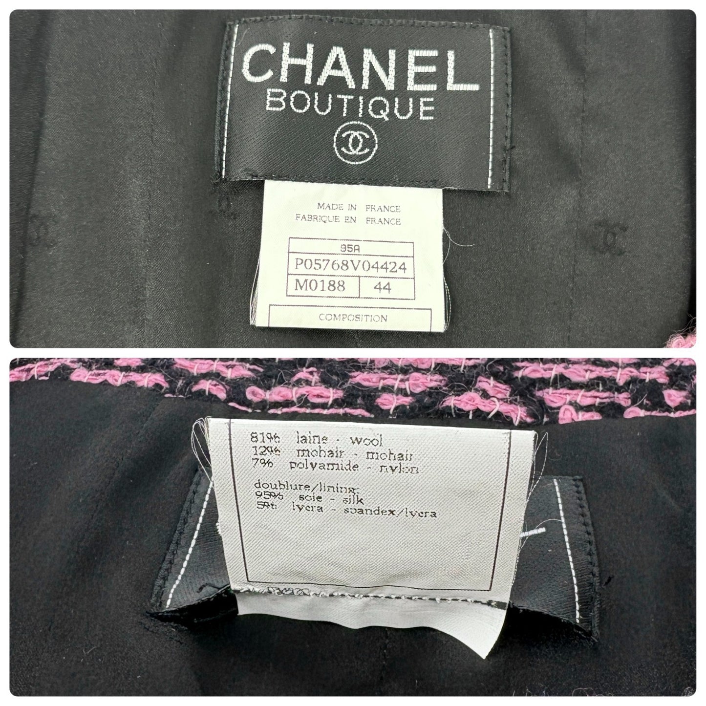 CHANEL Vintage 95A CC Logo Tweed Jacket #44 Pink Black Button Wool 902592