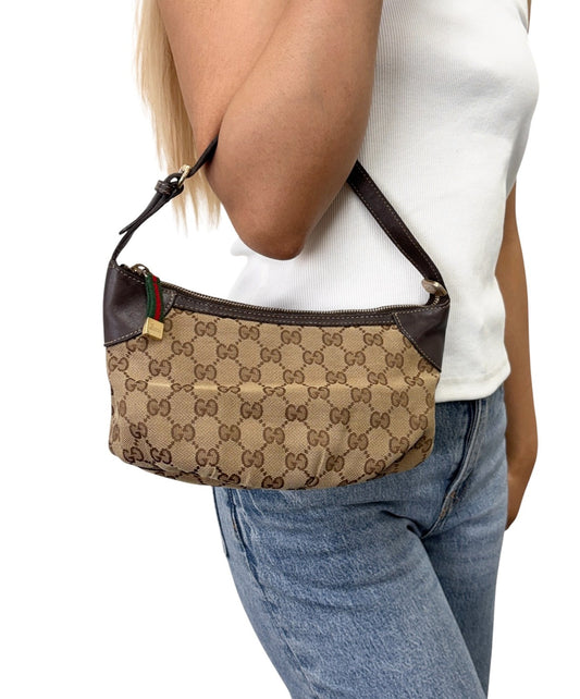GUCCI Vintage GG Monogram Web Stripe Mini Shoulder Bag Pochette Beige 902417