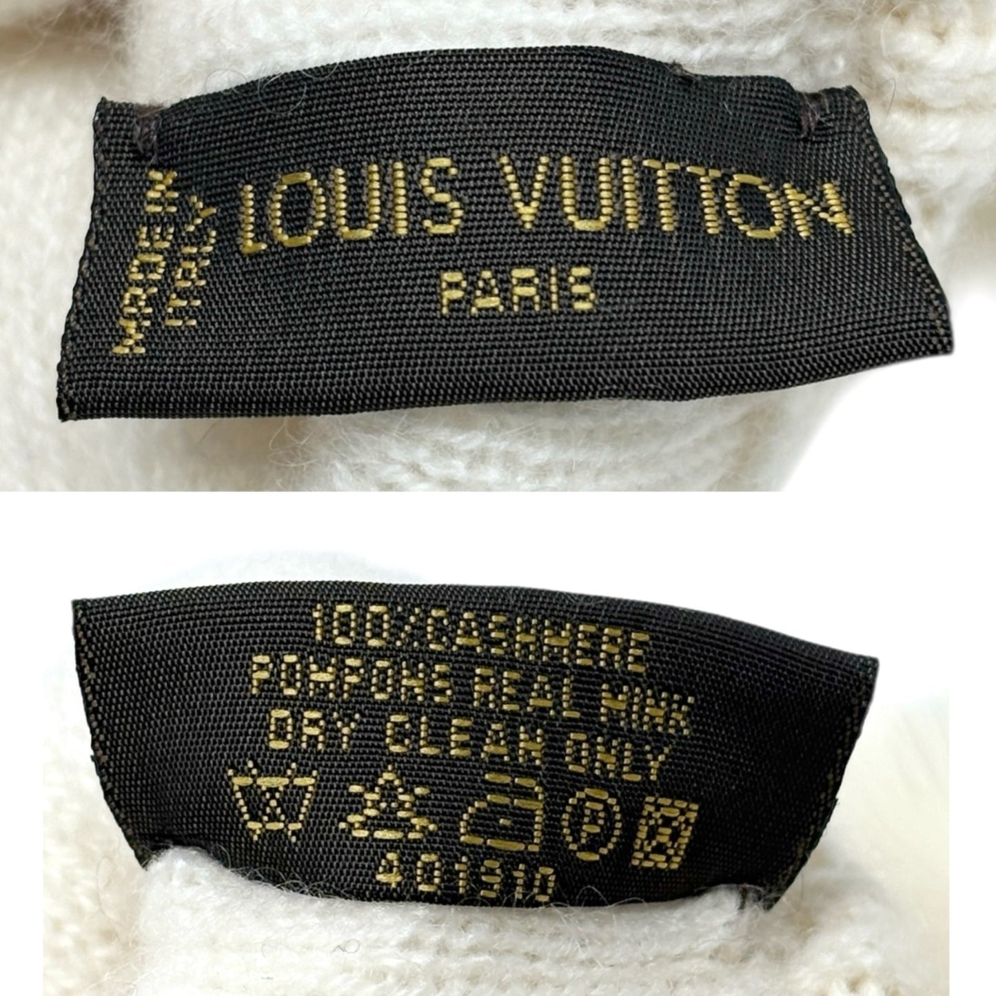 LOUIS VUITTON Vintage Cashmere Knit Gloves Mittens Mink Pompons Cream LV Logo