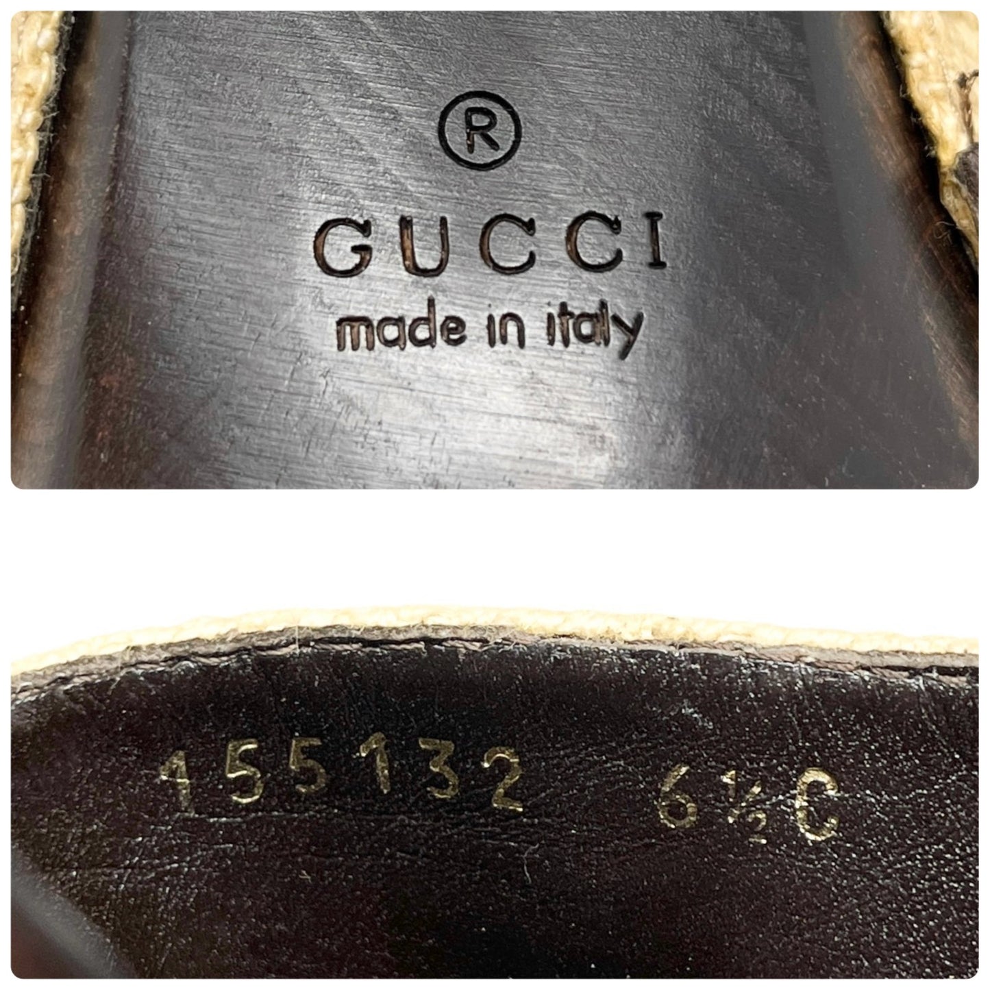 GUCCI Vintage Logo Horsebit Sandals Heels #36.5 Beige Brown Silver Cotton Wood