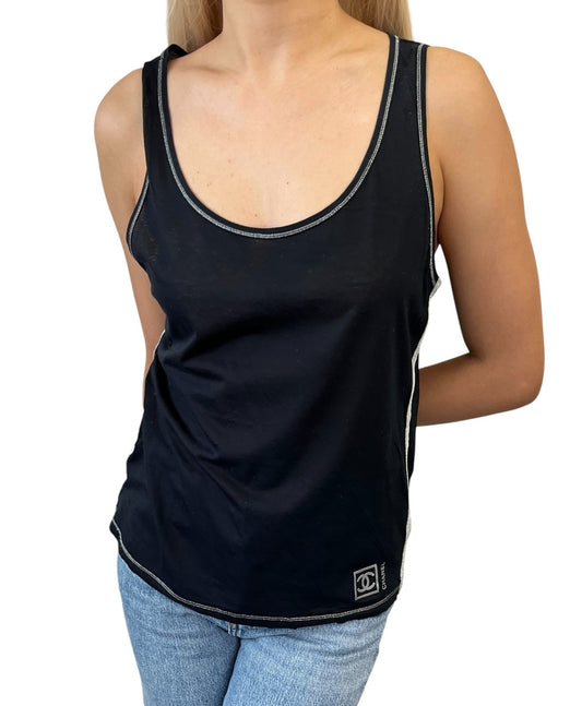 CHANEL Sport Vintage 06P CC Logo Side Stripe Tank Top #40 Black Silver 901948