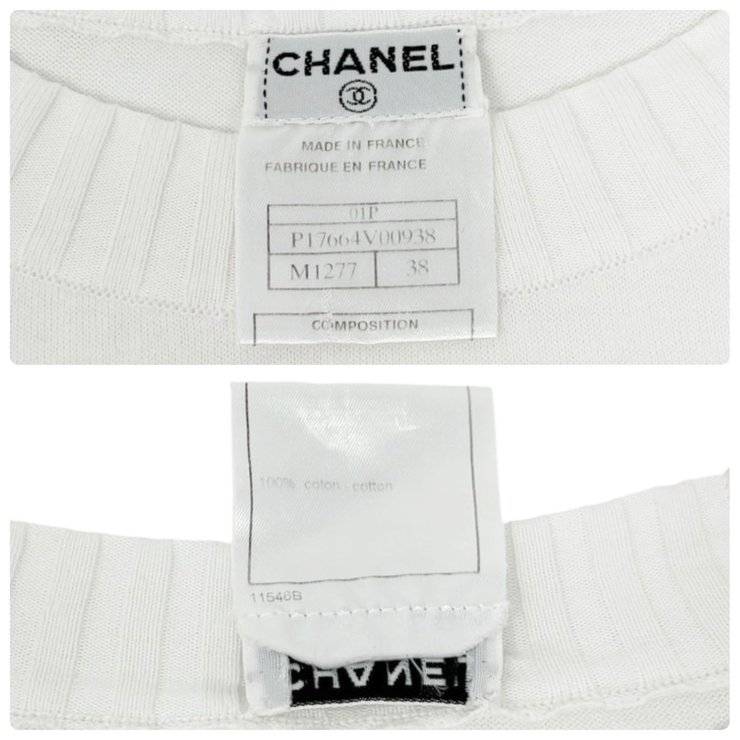 CHANEL Vintage 01P CC Stamp Logo Long Sleeve Shirt Top #38 White Greige 902431