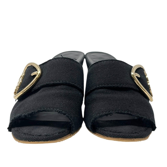 CHANEL Vintage CC Mark Logo Sandals Heart Buckle #36.5-37 Black Gold Cotton