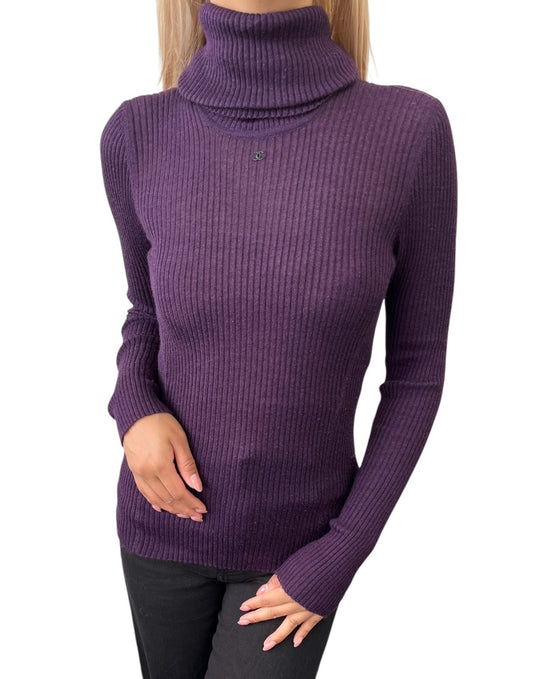 CHANEL Vintage 98A CC Logo Rib Knit Sweater Top #40 Turtleneck Purple Cashmere