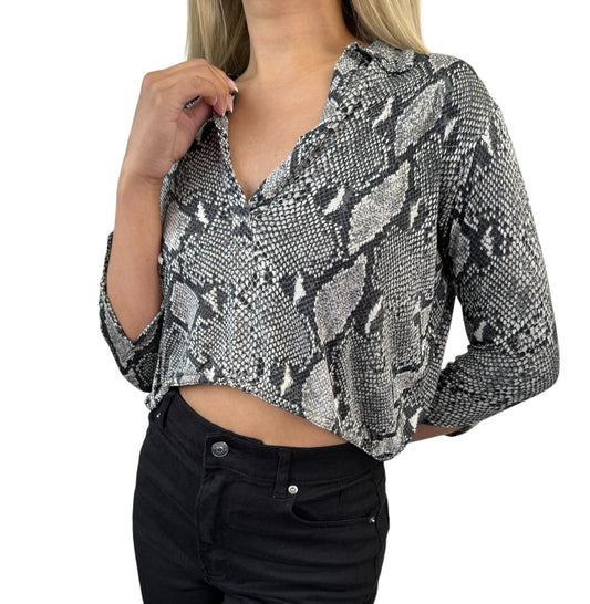 GUCCI Vintage Long Sleeve Shirt Top #38 Gray Blouse Viscose V-neck Rank AB