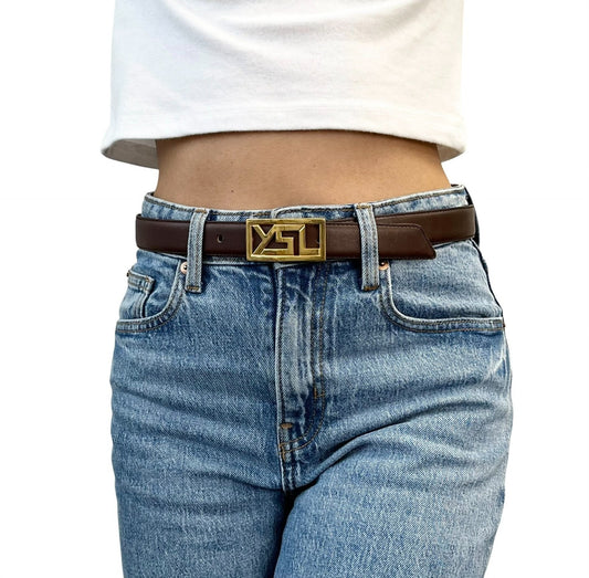 Yves Saint Laurent Vintage YSL Logo Leather Belt Brown Gold Buckle 902539