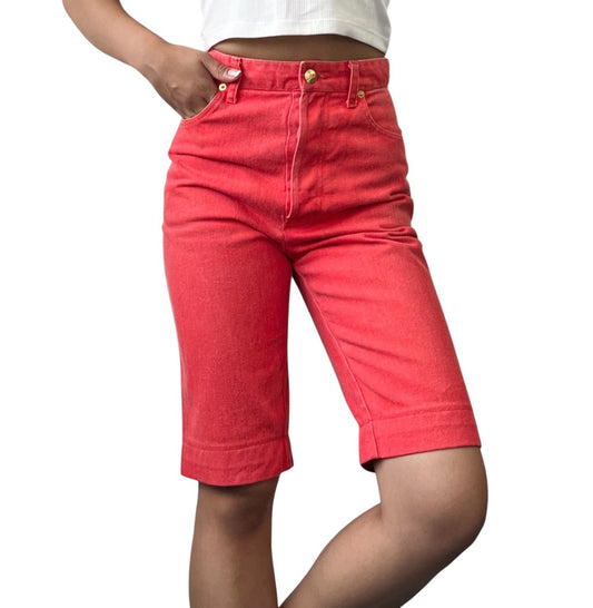 CHANEL Vintage CC Mark Logo Half Pants #36 Red Gold Cotton Button Stitch