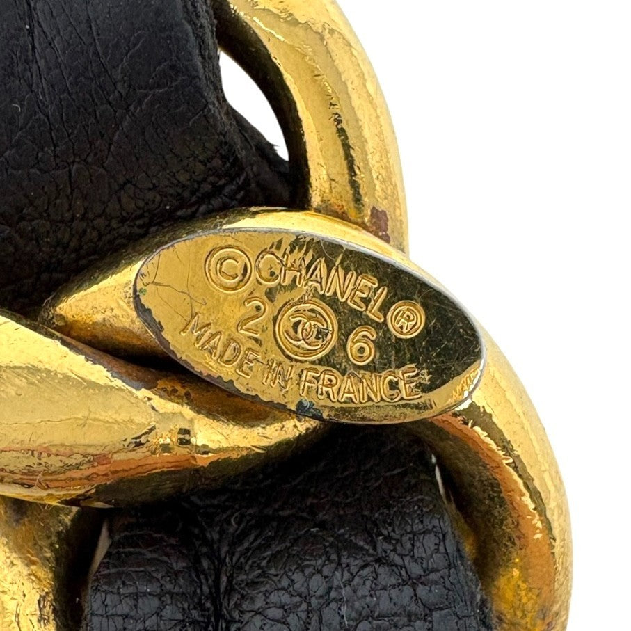 CHANEL Vintage CC Logo Chain Belt Accessory Gold Black Metal Leather 901898