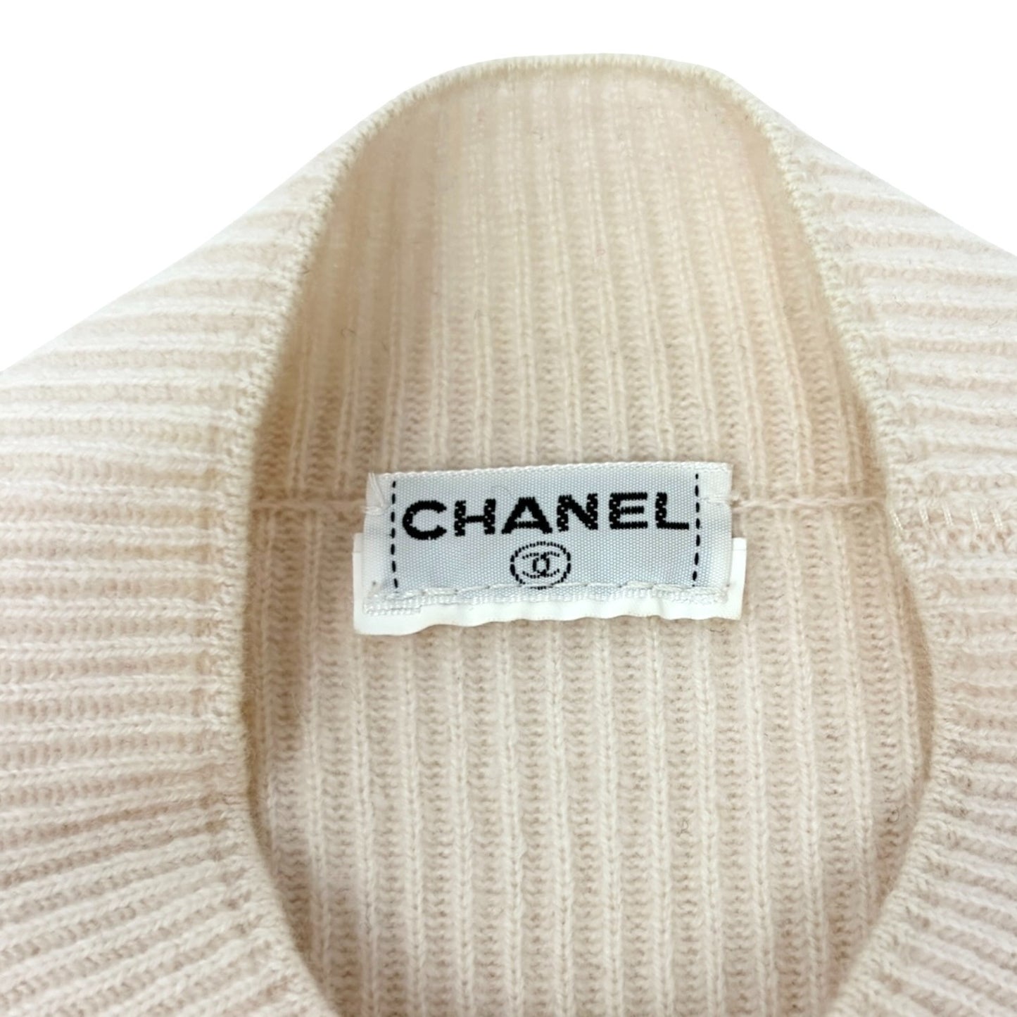 CHANEL Vintage CC Logo Button Rib Knit Cashmere Sweater Top #S Cream 106909