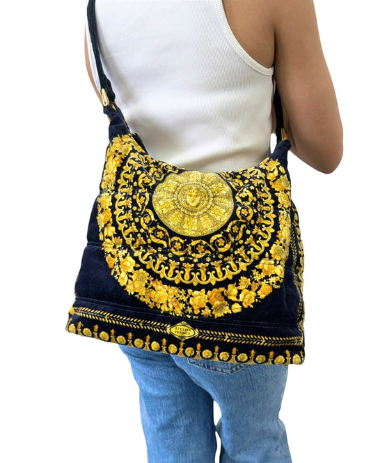 VERSACE Vintage Sunburst Logo Barocco Velvet Hobo Shoulder Bag Yellow 902307