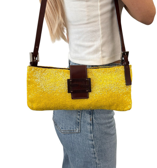 FENDI Vintage FF Logo Beads Mamma Baguette Crossbody Shoulder Bag Yellow Brown