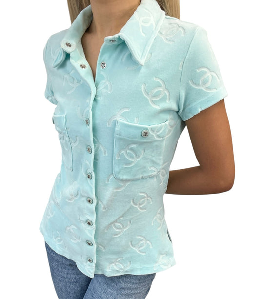 CHANEL Vintage 96A CC Logo Snap Button Velour Shirt Top #38 Light Blue