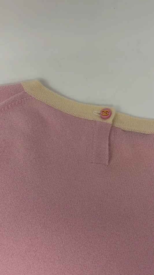 CHANEL Vintage 96C CC Logo Button Cashmere Knit Tank Top #38 Pink Cream