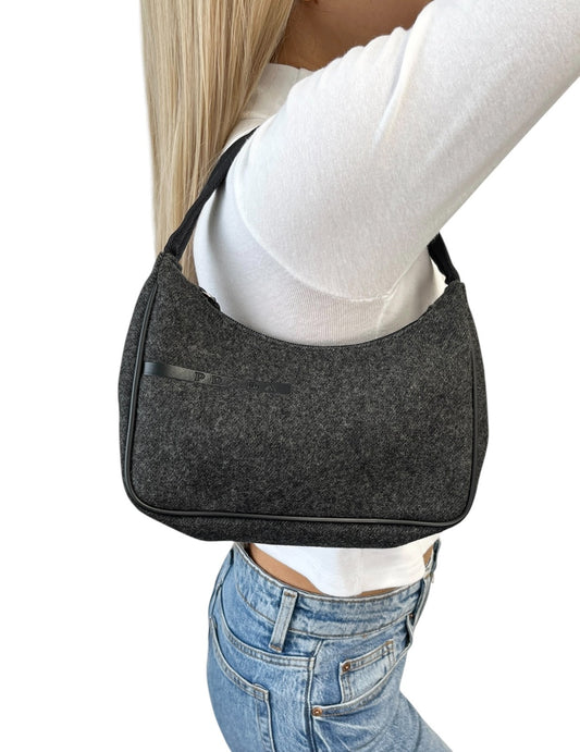 PRADA Sport Vintage Logo Wool Mini Bag Pochette Pouch Gray Black Leather