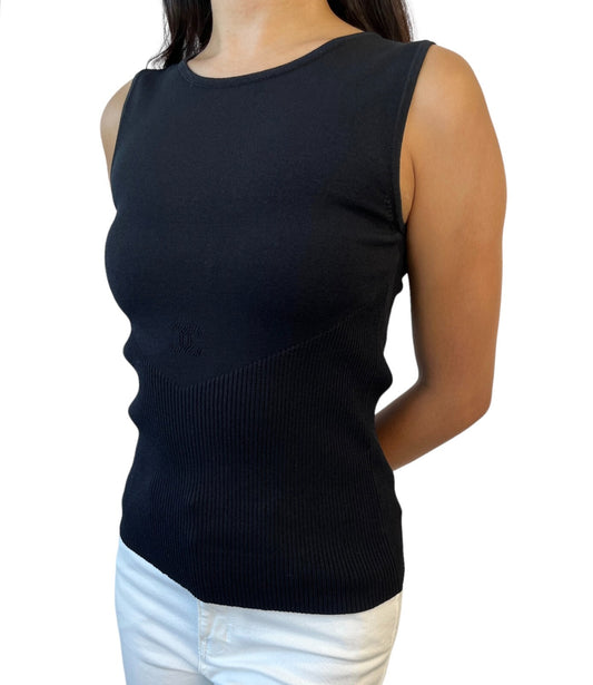 CHANEL Vintage 05P CC Logo Summer Knit Tank Top #38 Rib Round Neck Black Cotton