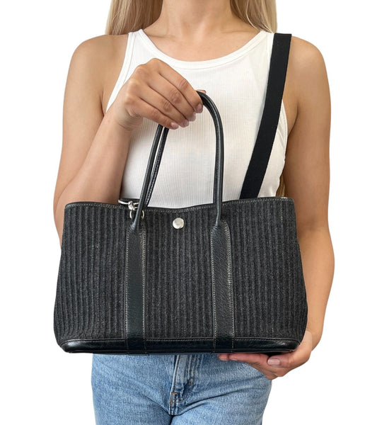 HERMES Vintage Ribbed Wool Garden Party 30 PM 2way Bag Black Silver Leather