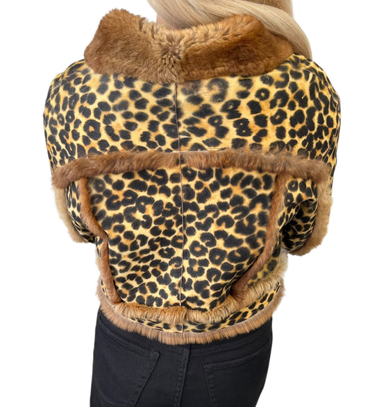 Christian Dior Vintage Leopard Shearling Fur Jacket Top #40 Brown Leather