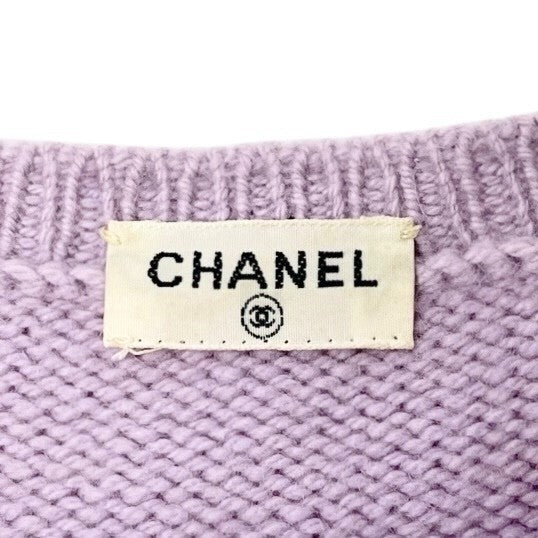CHANEL Vintage CC Mark Logo Knit Sweater Top Short Sleeve Cashmere Purple