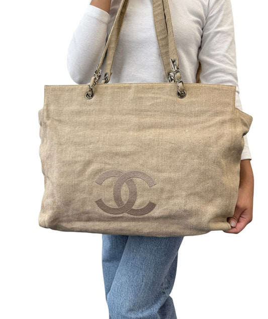 CHANEL Vintage CC Big Logo Shoulder Tote Large Bag Beige Canvas Linen Leather