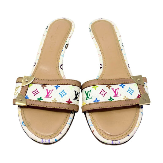 LOUIS VUITTON Vintage Monogram Multicolor Sandals Heels #37 White Beige 902545