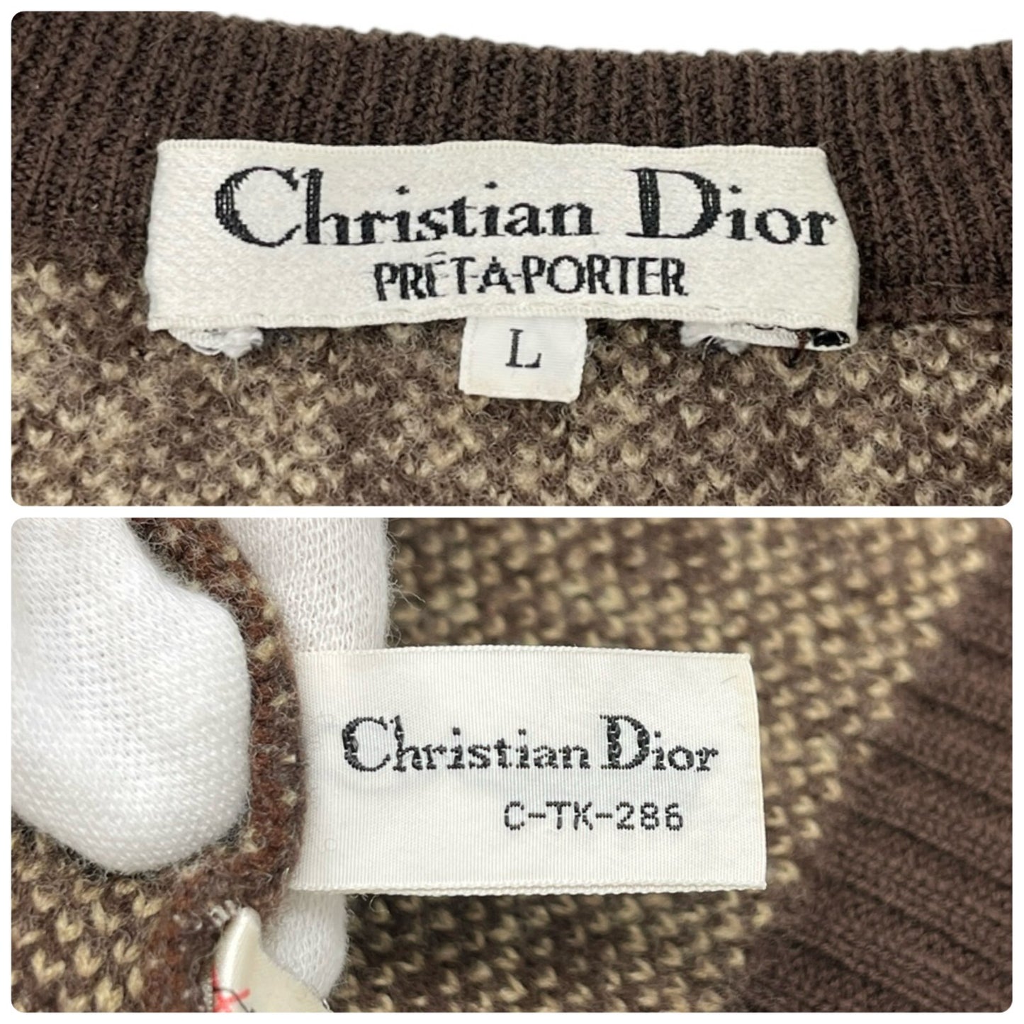 Christian Dior Vintage Trotter Monogram Logo Knit Vest V-neck Brown Beige Wool