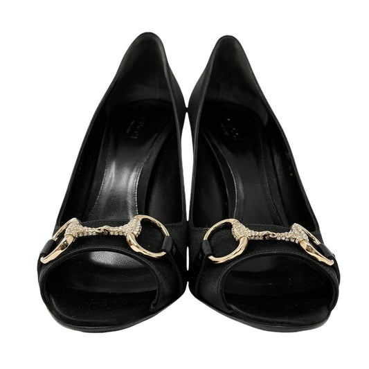 GUCCI Vintage Logo Horsebit Heels #38.5 US 8.5 Black Rhinestone Satin Rank AB+