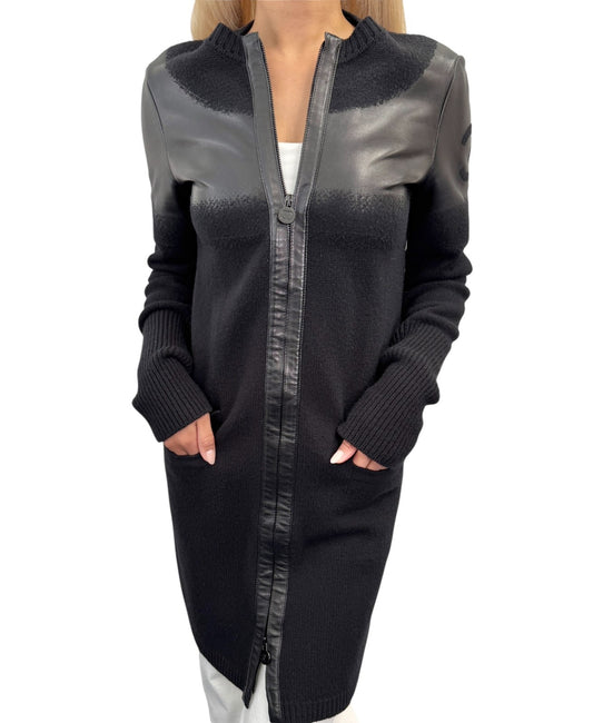 CHANEL Vintage P44562 CC Logo Lambskin Leather Knit Long Jacket #36 Wool Black