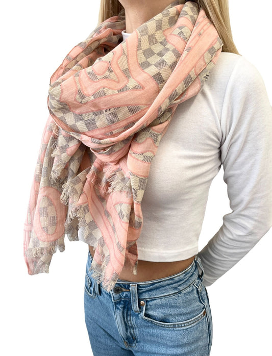 LOUIS VUITTON Vintage Damier Azur Tahitienne Logo Scarf Wrap Pink Gray Cotton