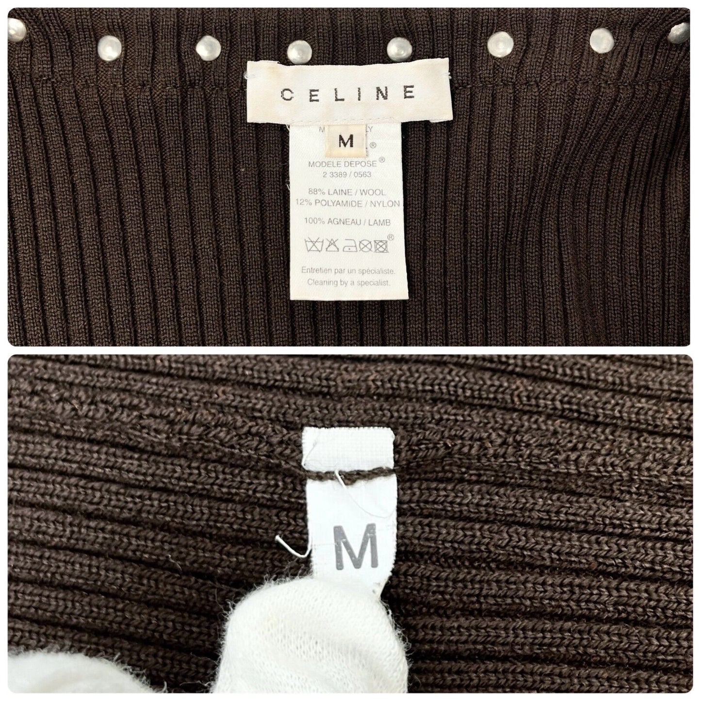 CELINE Vintage Macadam Logo Rib Knit Cardigan #M Snap Button Brown Wool Leather